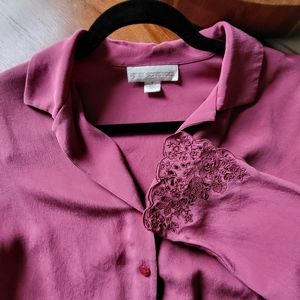 Petite Sophisticate silky pink mauve blouse with embroidered sleeves